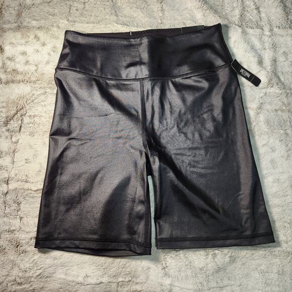 NWT Victoria's Secret Sport Black Shiny Vegan Faux Leather Bike Shorts Size S - Picture 1 of 5